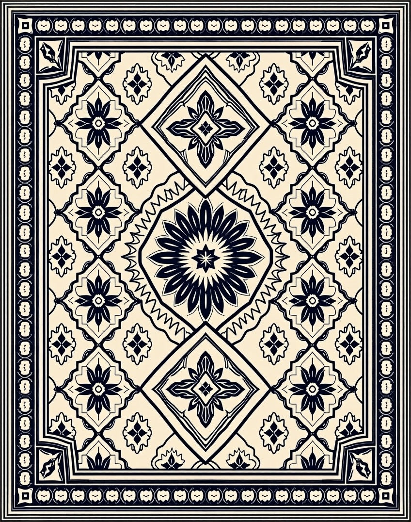 Cream and Navy Floral Medallion Rug