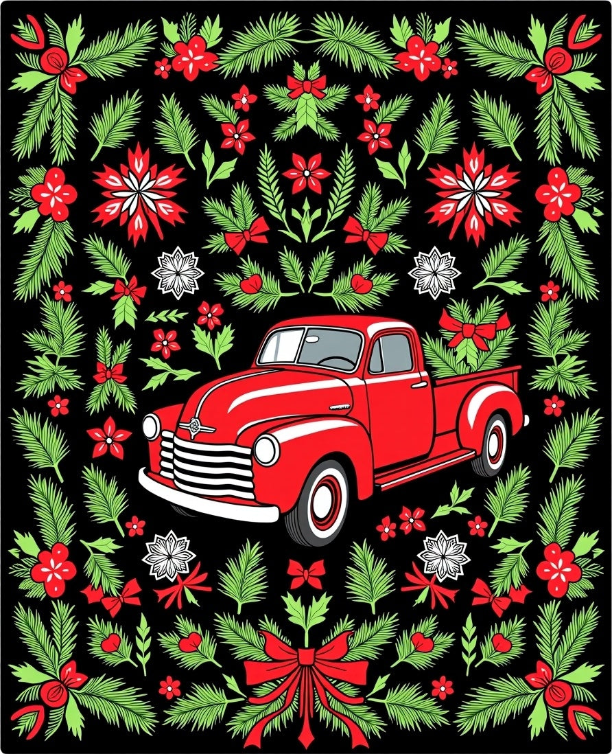 Vintage Red Truck Pine Garland Rug