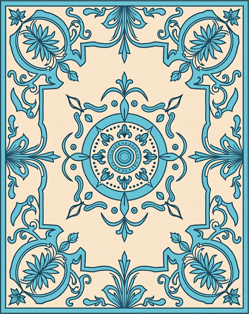 Turquoise Floral Medallion Cream Square Rug