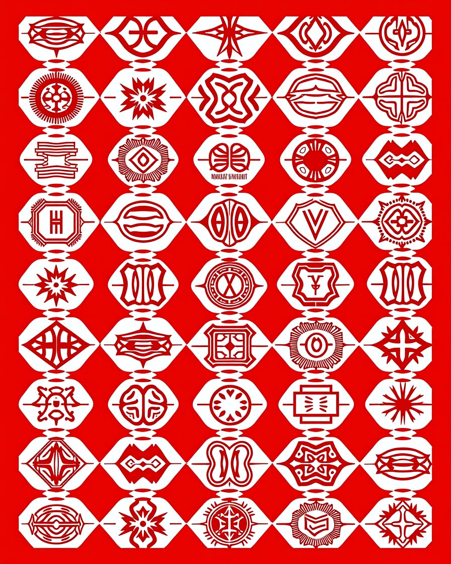 Vibrant Red Geometric Emblem Collage Rug