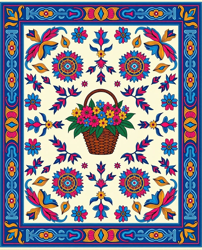 Colorful Floral Basket Medallion Border Rug