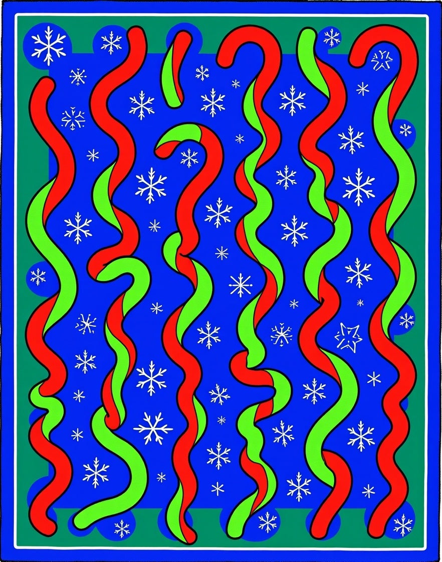 Red Green Ribbon Snowflakes Blue Field Rug