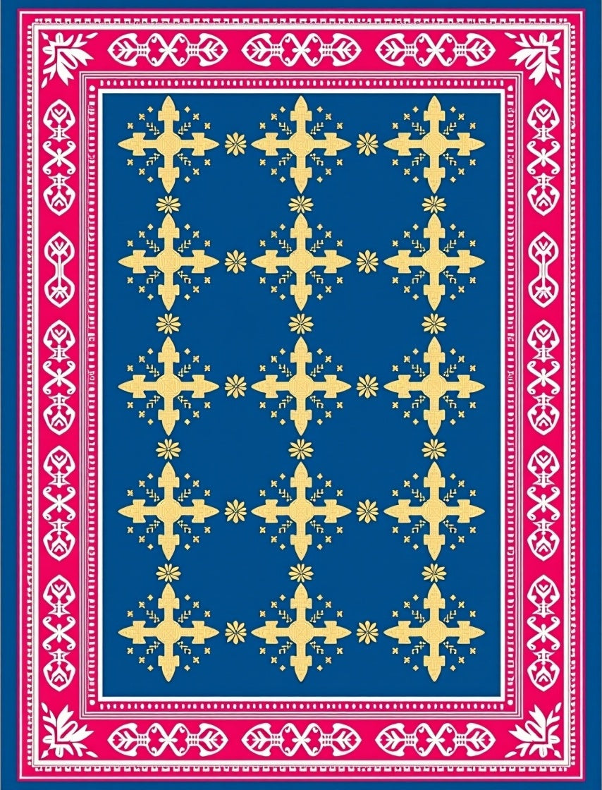 Vibrant Gold Crosses Blue Border Rug