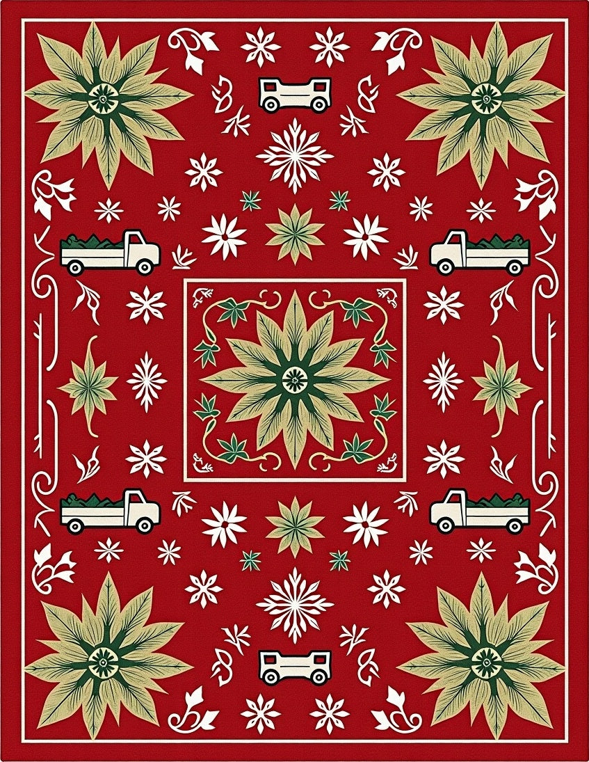 Red Flower Truck Snowflake Medley Rug