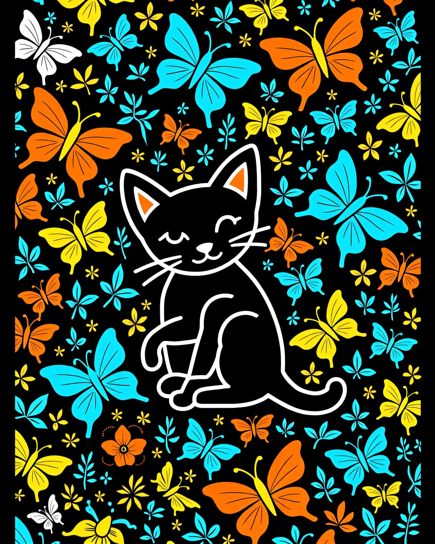 Whimsical Black Cat Butterfly Garden Rug