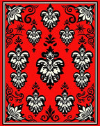 Crimson Black White Floral Scrollwork Rug