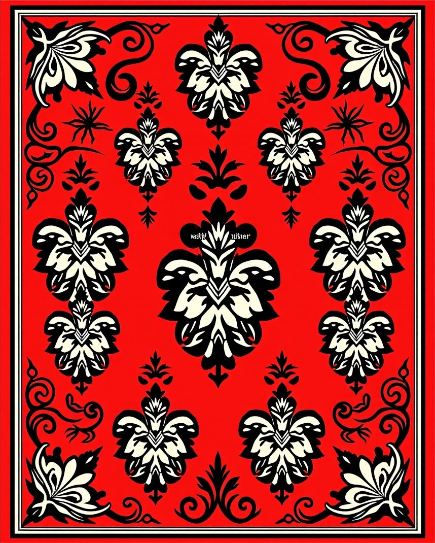 Crimson Black White Floral Scrollwork Rug