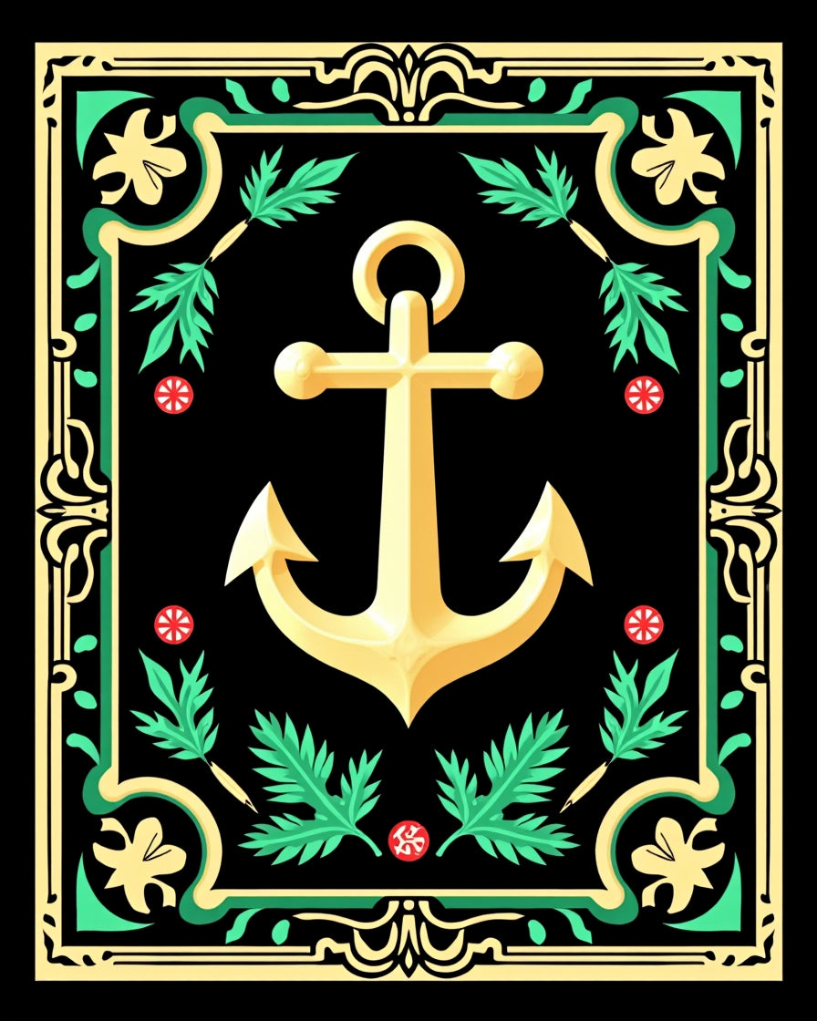 Golden Anchor With Green Floral Border Rug