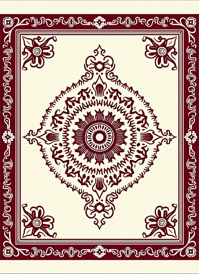 Deep Crimson Mandala Border Cream Rug