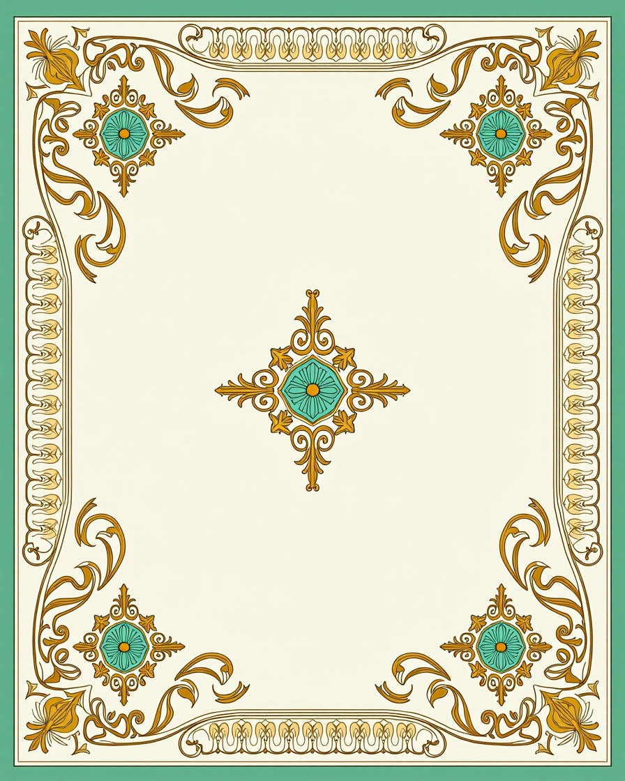Gold Teal Floral Medallion Border Rug