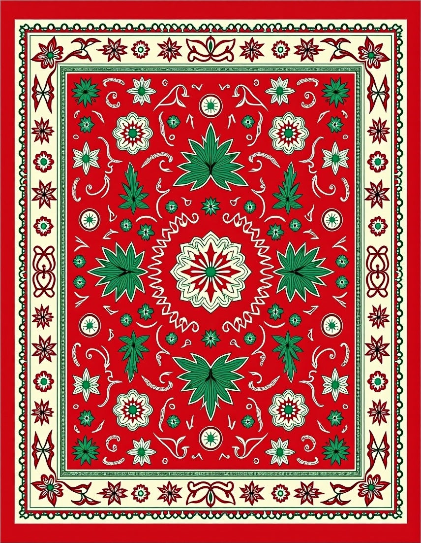 Festive Red Floral Leaf Medallion Rug