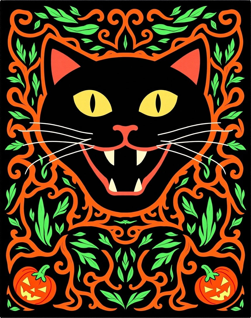 Halloween Black Cat Pumpkin Vines Rug
