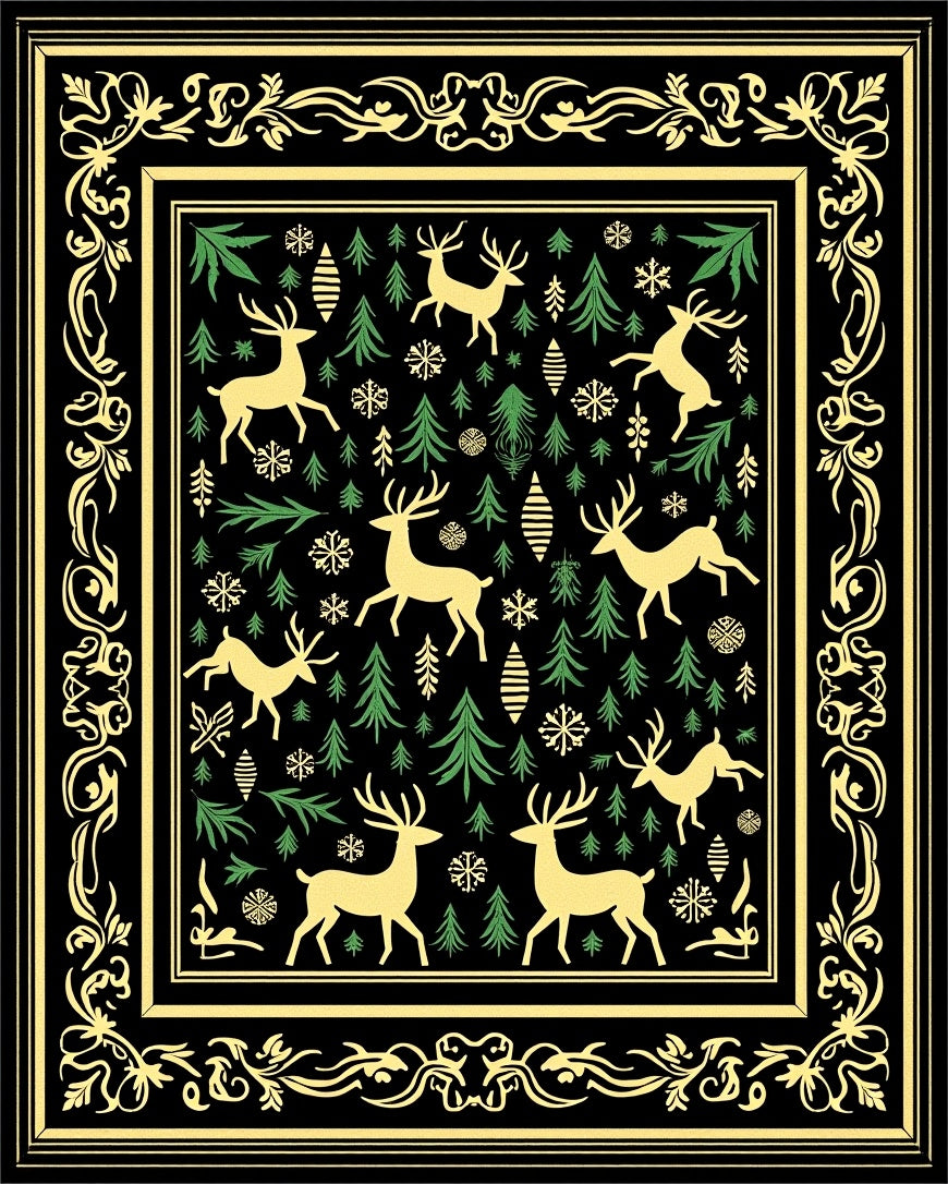 Golden Reindeer Pine Forest Border Rug