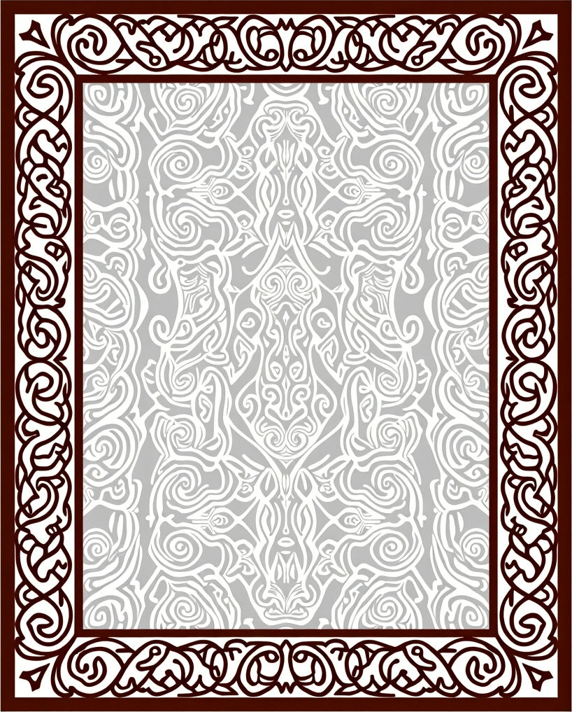 Brown Intricate Scrollwork Silver Border Rug