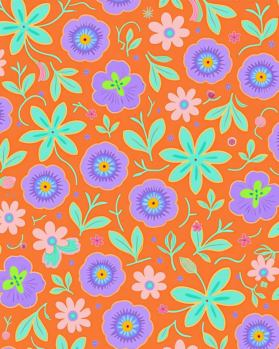 Retro Orange Floral Botanical Garden Rug