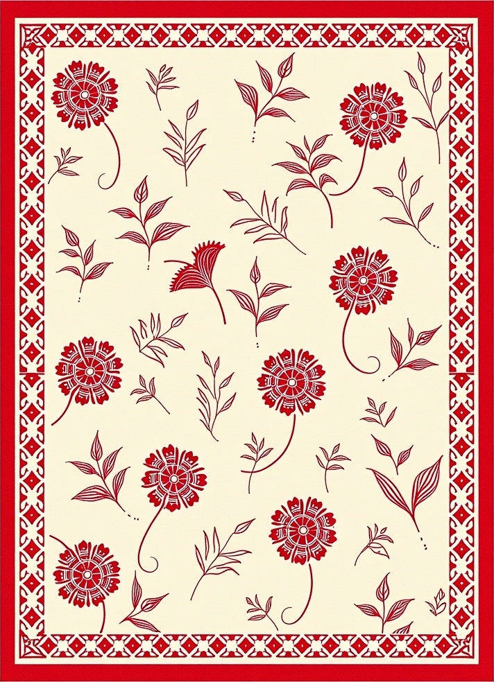 Crimson Floral Botanical Border Rug