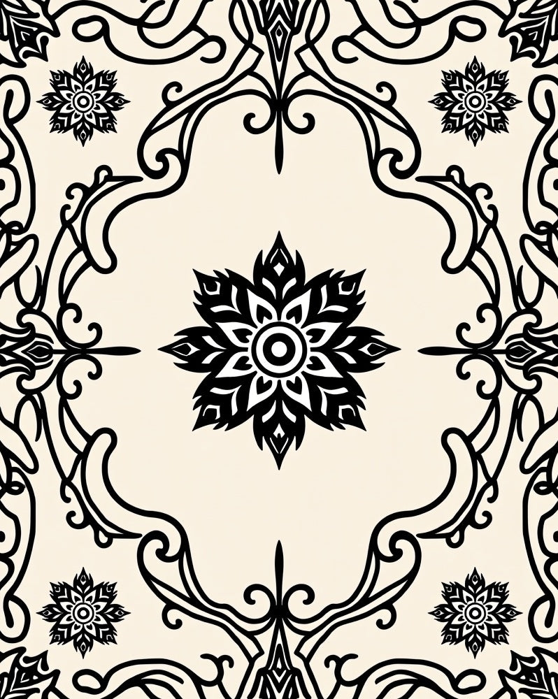 Black Floral Medallion Cream Rug