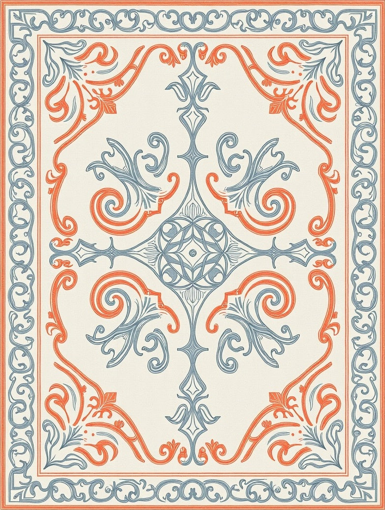 Coral Blue Vintage Scroll Medallion Rug