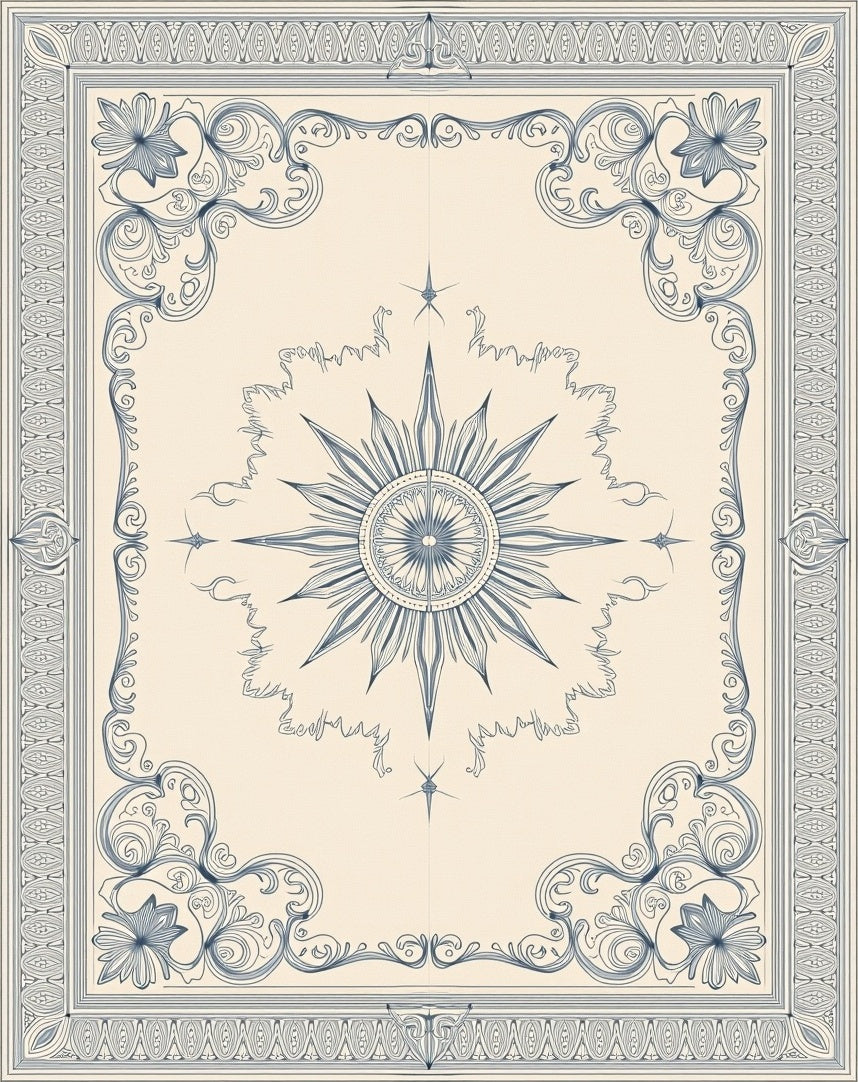 Antique Navy Sunburst Scroll Border Rug