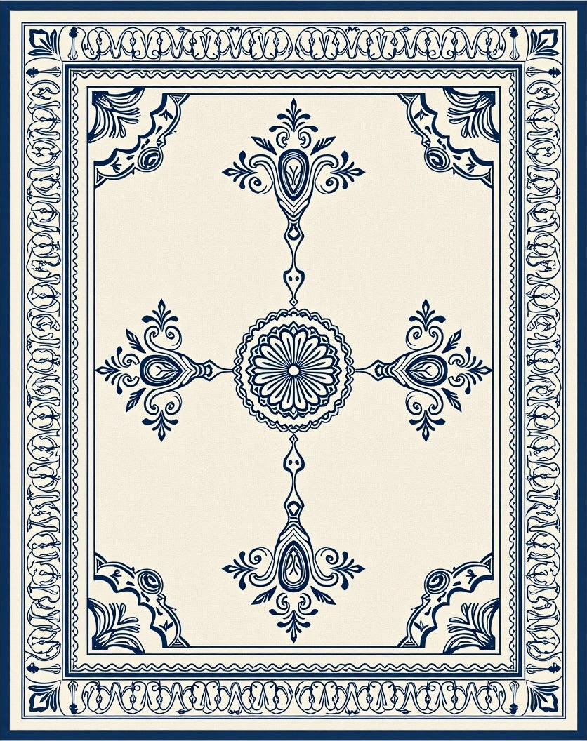 Ornate Blue Cream Classic Medallion Rug