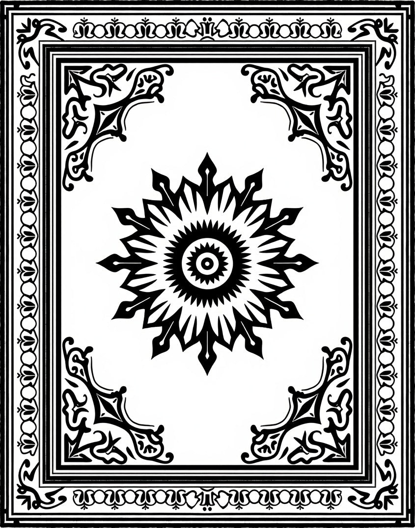 Black and White Stylized Sun Medallion Border Rug