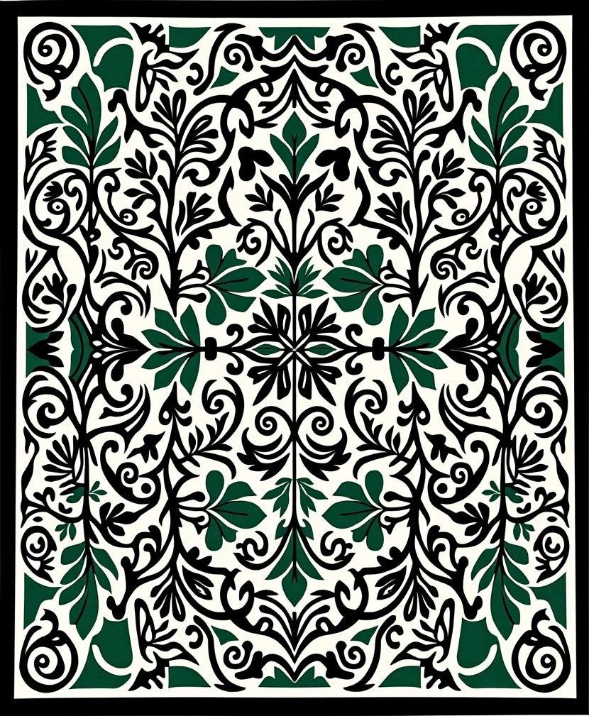 Ornate Emerald Black Floral Scroll Rug