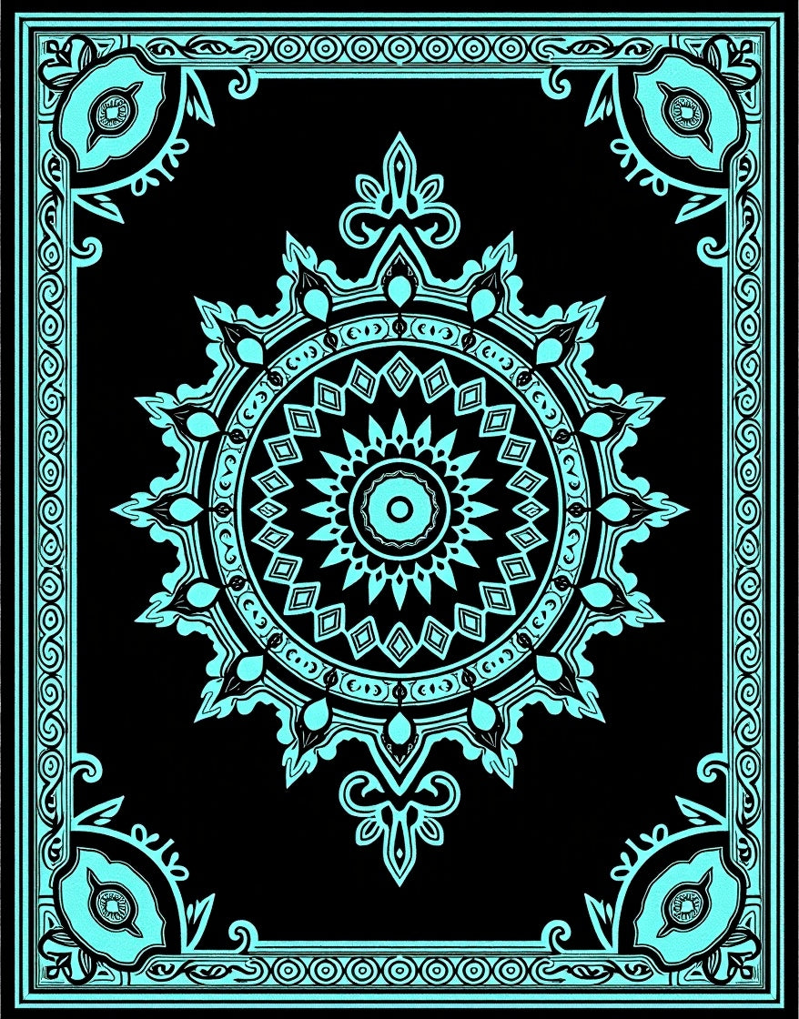 Aqua Black Intricate Medallion Frame Rug