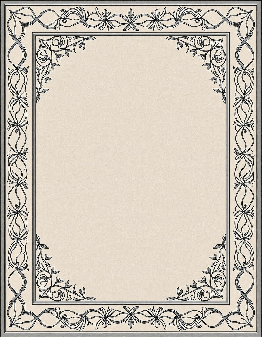 Elegant Monochrome Floral Scroll Border Rug