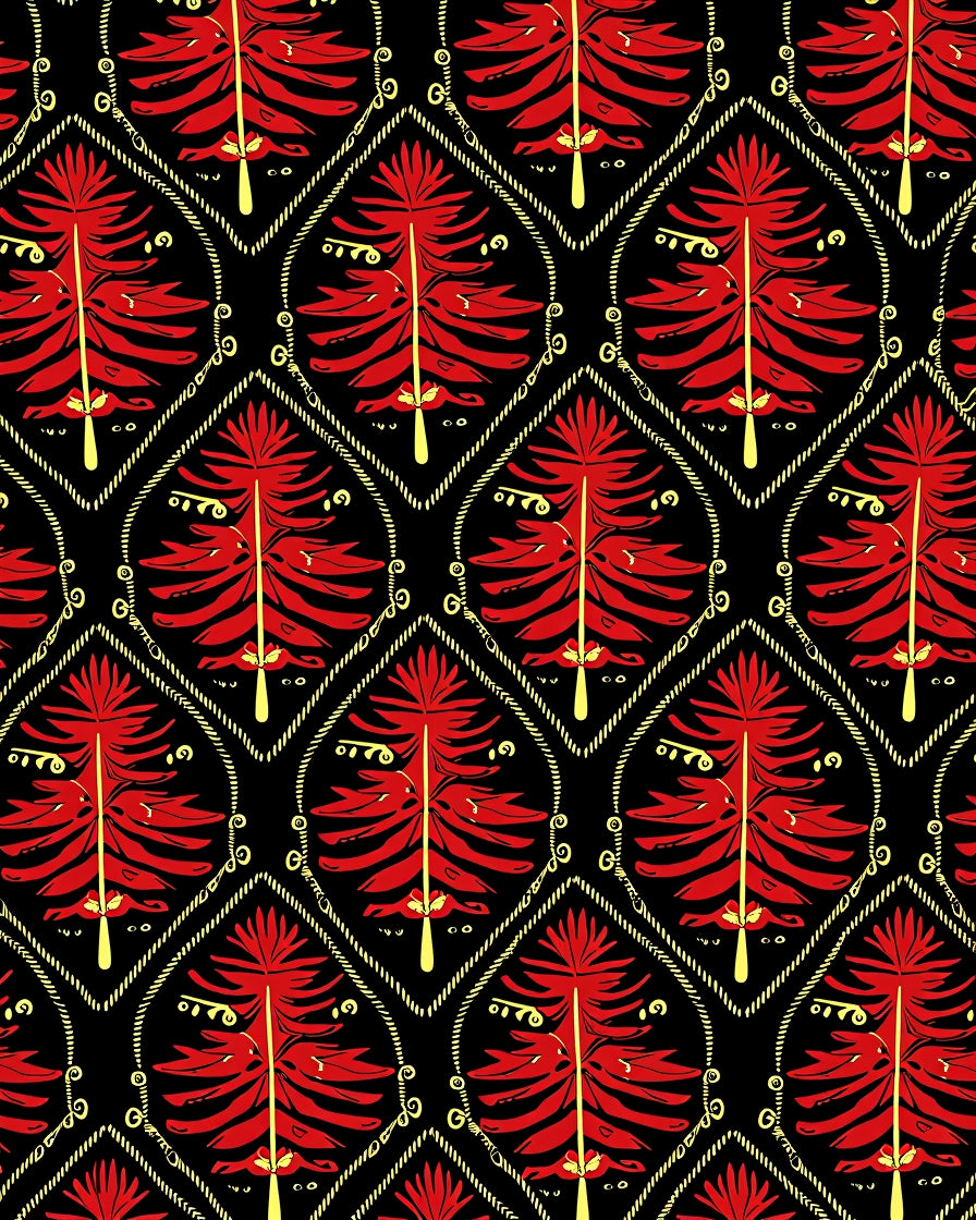 Crimson Red Feathered Fern Black Rug