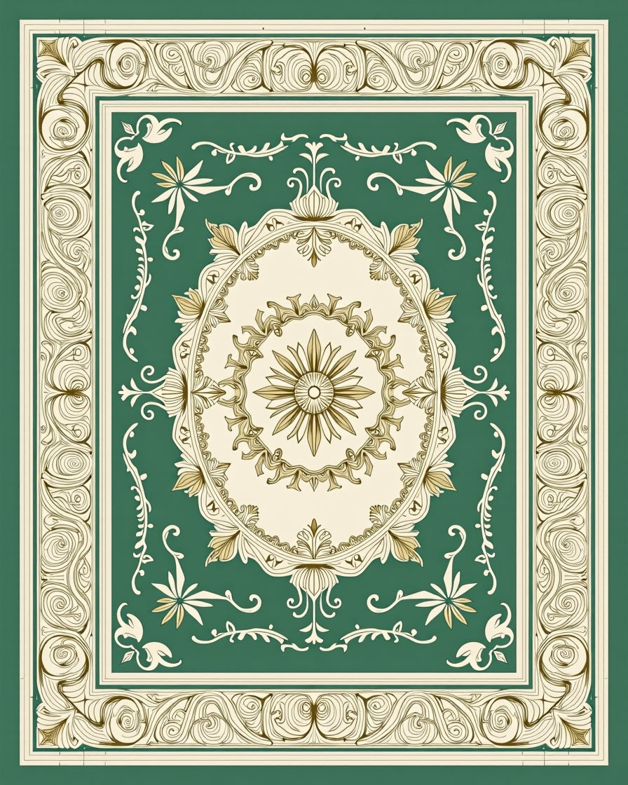 Ornate Emerald Medallion Scroll Rug