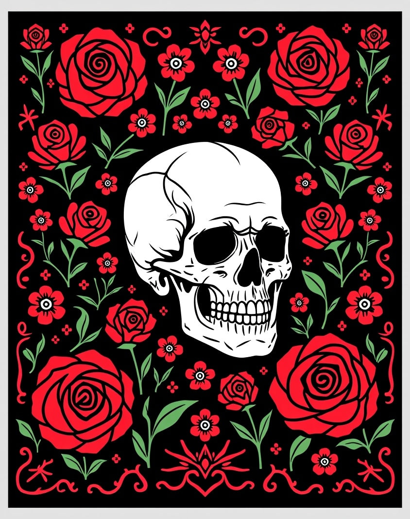 Black Red Rose Skull Garden Rug