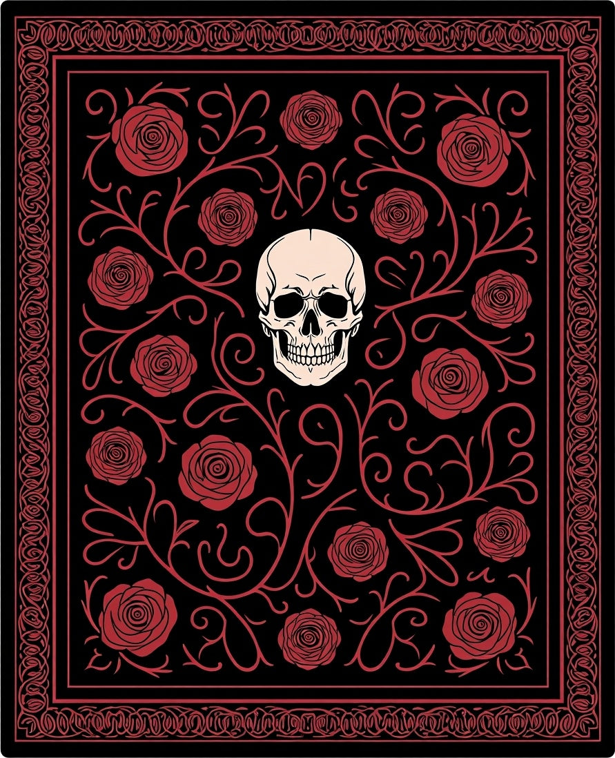 Gothic Skull Red Rose Floral Border Rug