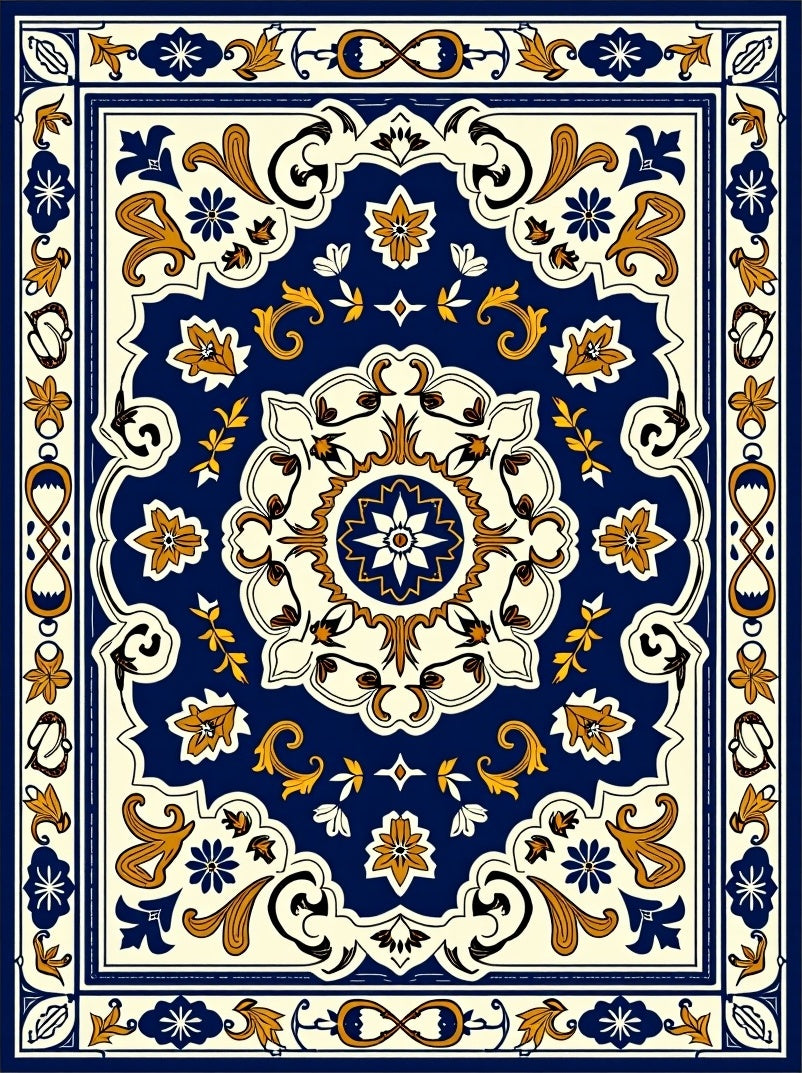 Navy Golden Floral Medallion Rug