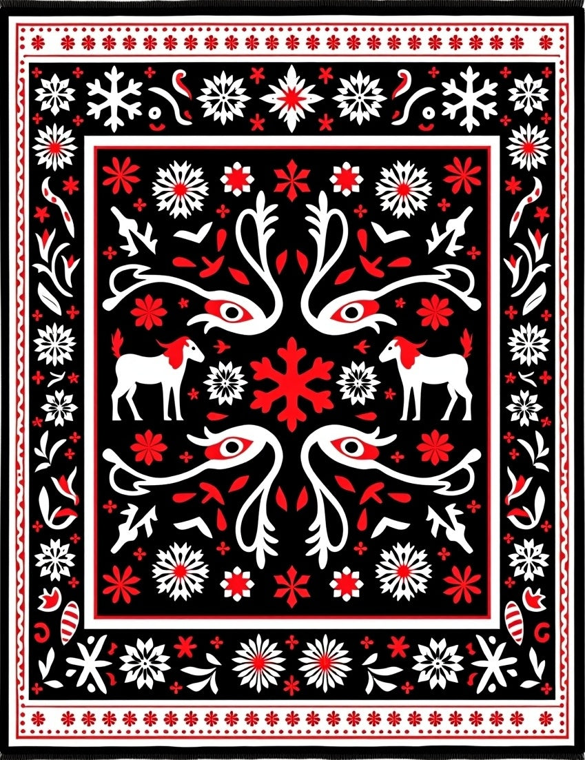 Bold Black Red White Folk Animals Rug