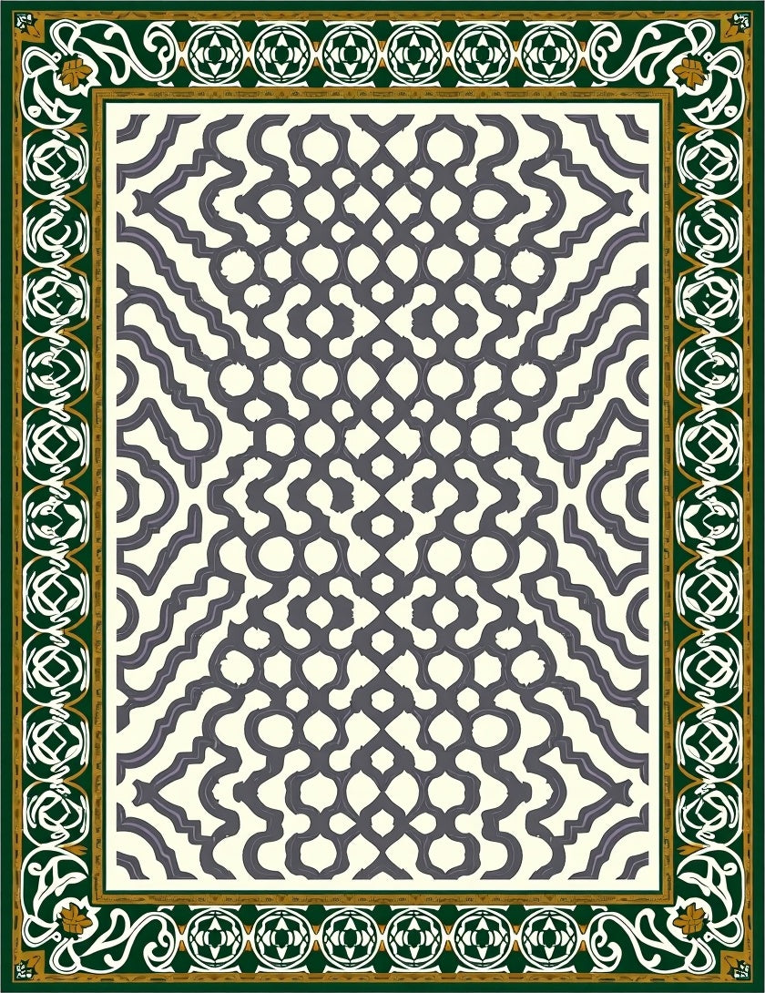 Ornate Green Golden Interlocking Lattice Rug