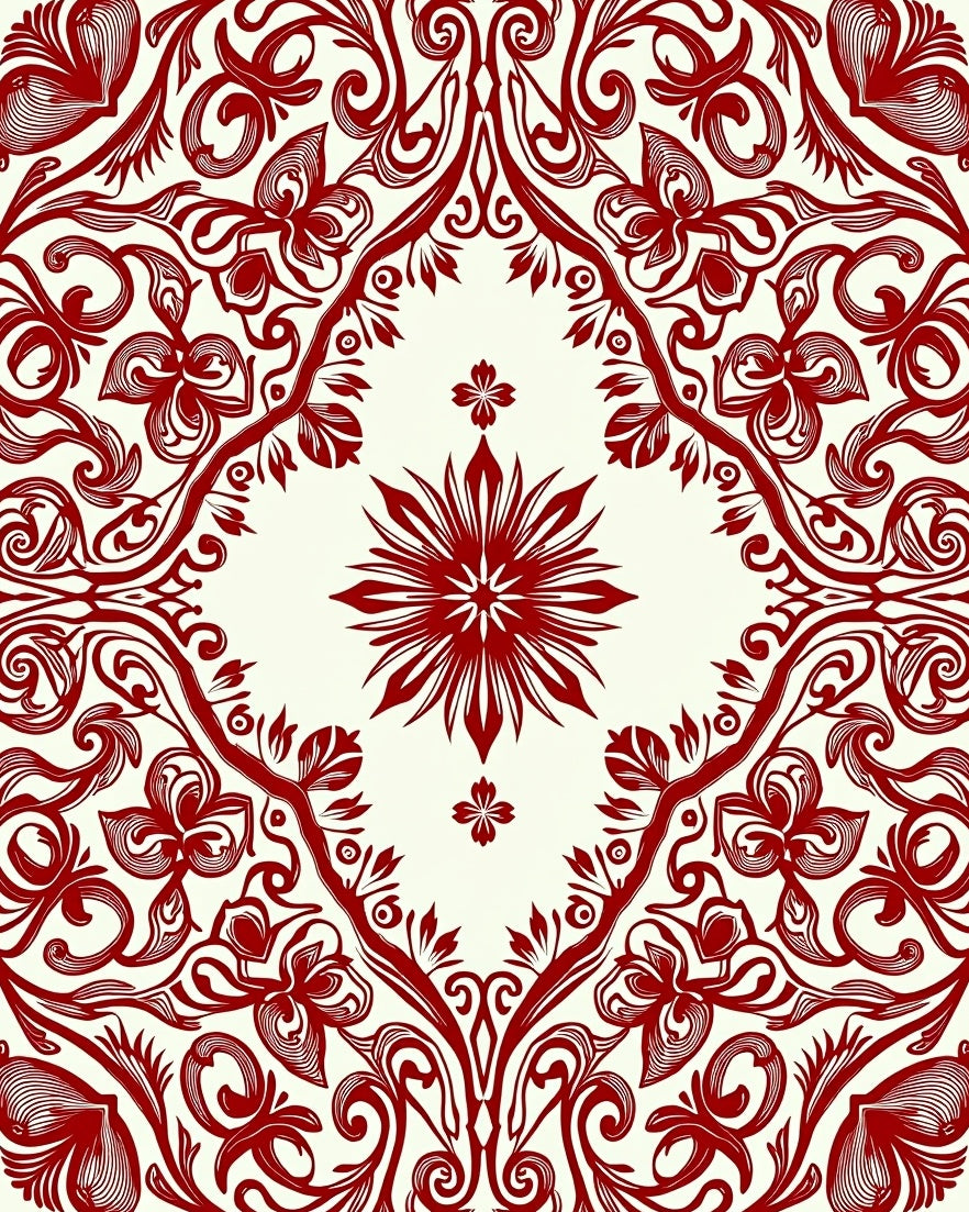 Crimson Floral Scrollwork Ornament Rug