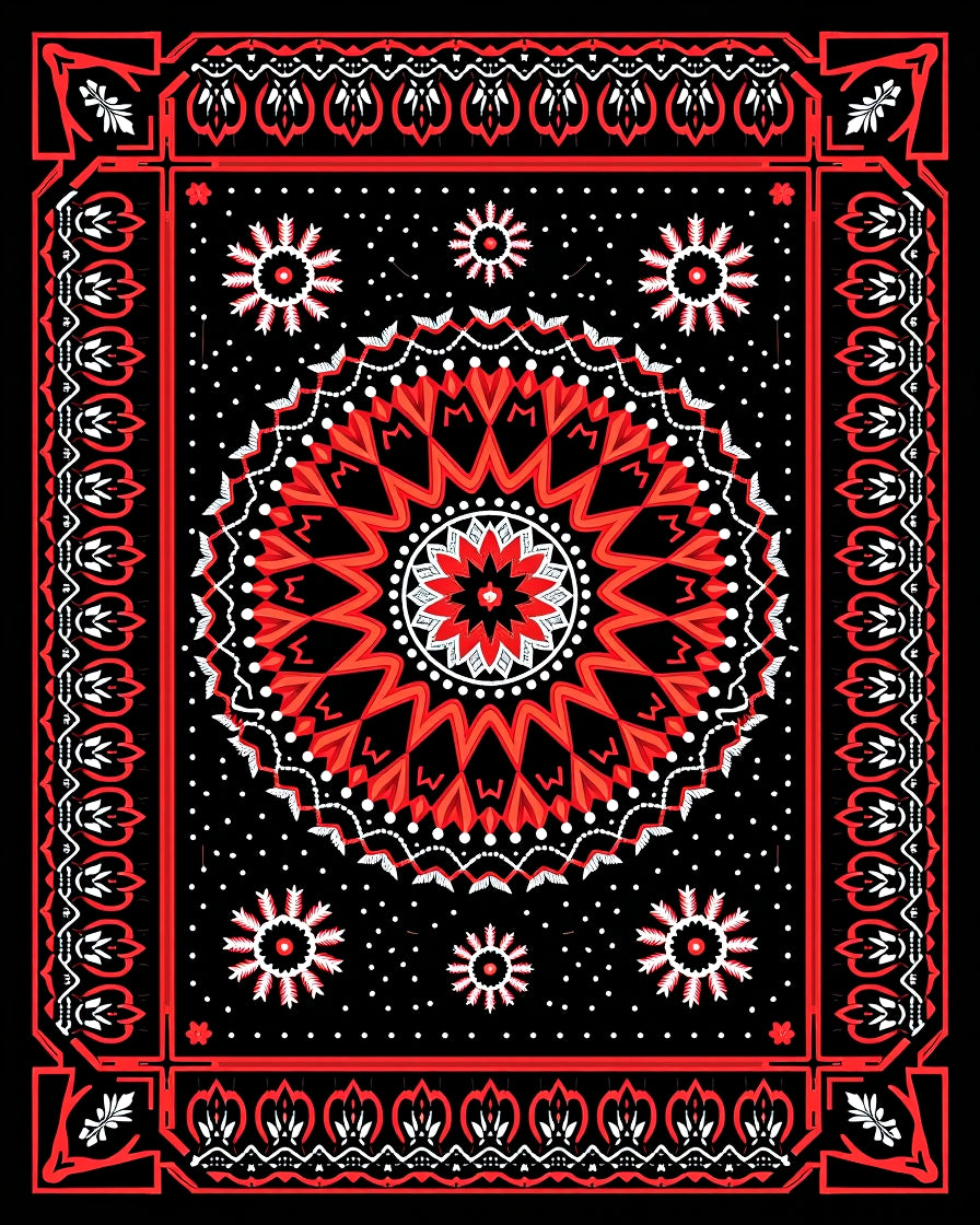 Bold Red Mandala Starburst Border Rug