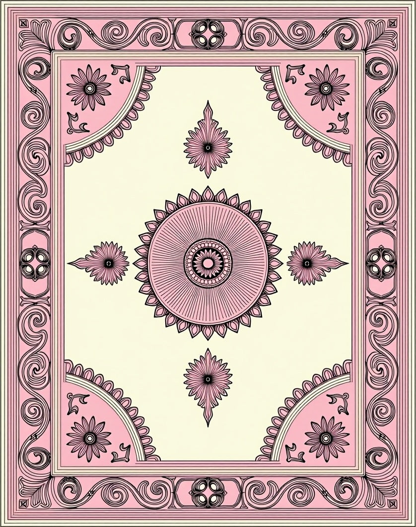Pink Cream Floral Medallion Border Rug