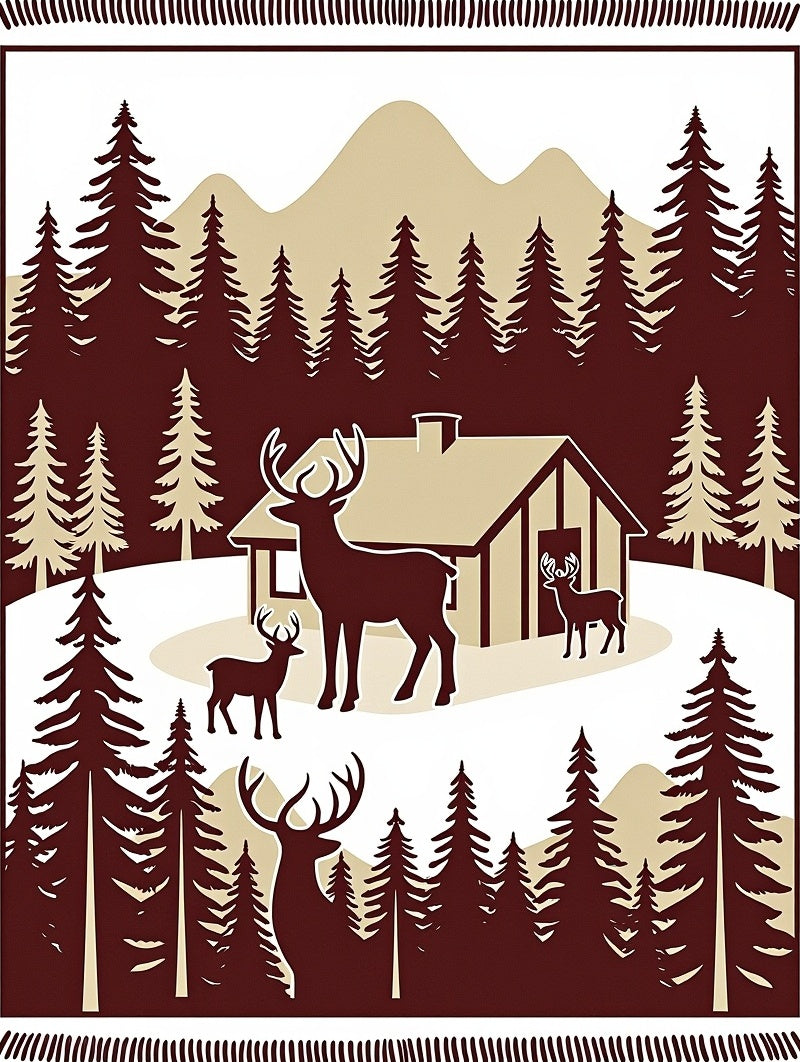 Woodland Cabin Deer Forest Scene Rug