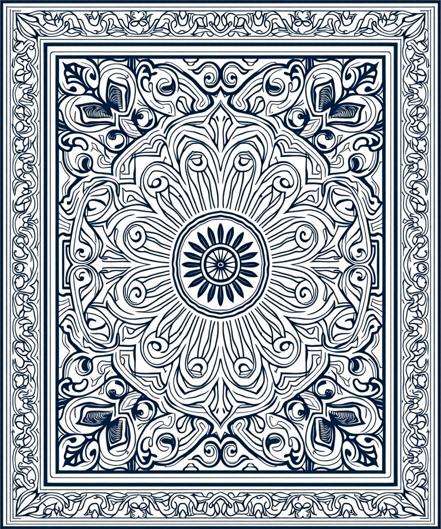 Deep Blue Floral Medallion Swirl Rug