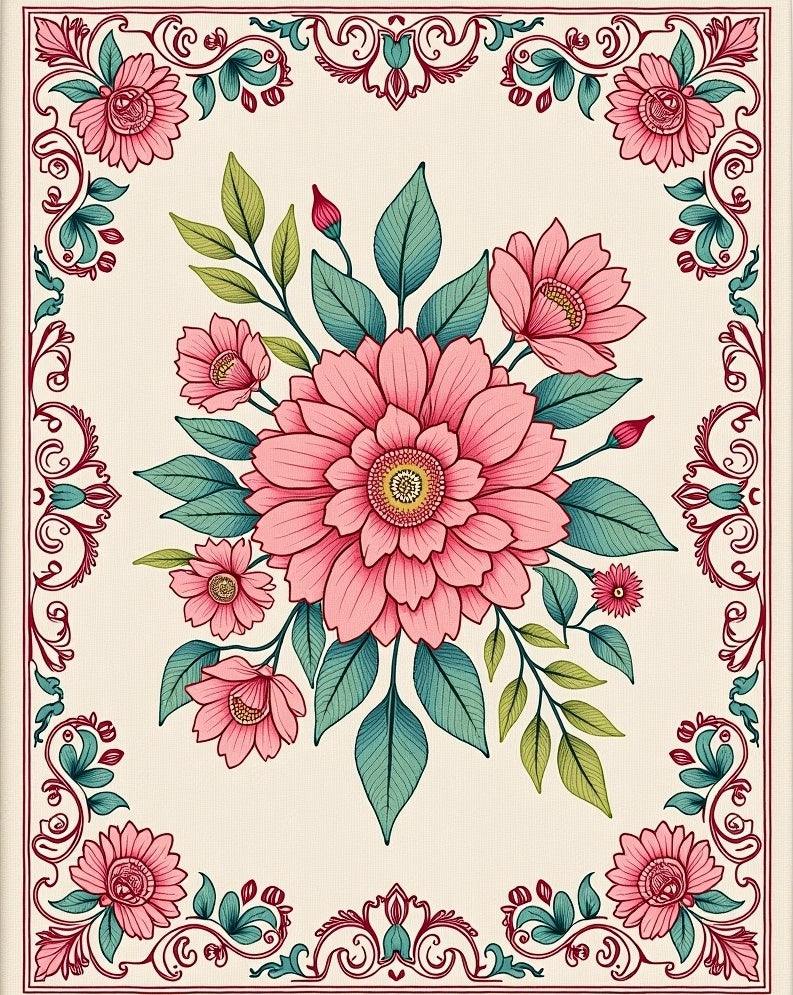 Vintage Pink Floral Garden Swirl Rug
