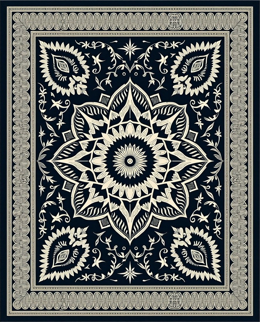 Dark Blue Cream Floral Medallion Border Rug