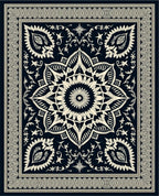 Dark Blue Cream Floral Medallion Border Rug