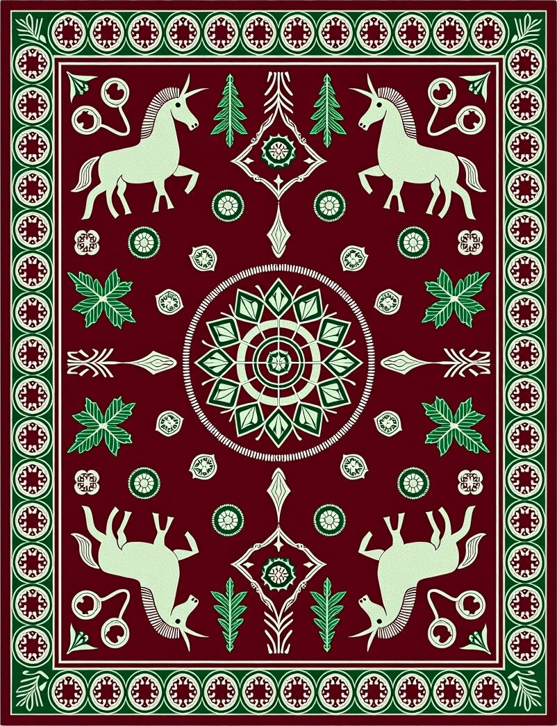 Burgundy Unicorn Emerald Forest Medallion Rug