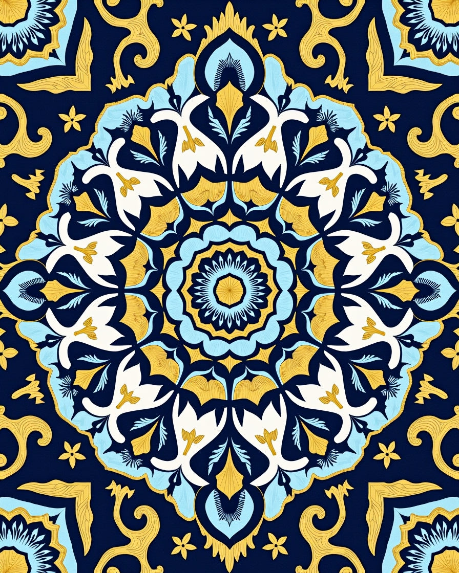 Navy Blue Golden Floral Medallion Rug