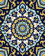 Navy Blue Golden Floral Medallion Rug