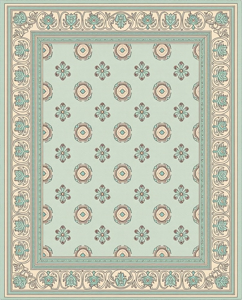 Aqua Cream Floral Medallion Border Rug