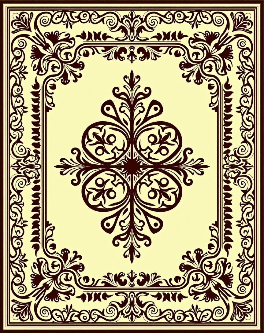 Ornate Dark Brown Scroll Medallion Rug