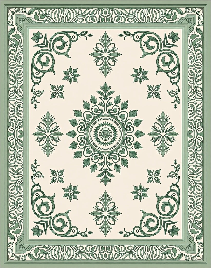 Classic Green Floral Medallion Border Rug