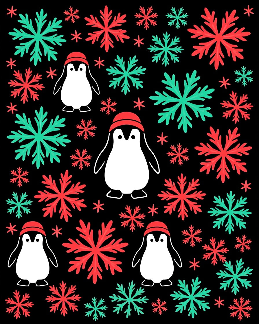 Cute Penguin Snowflake Festive Red Teal Rug